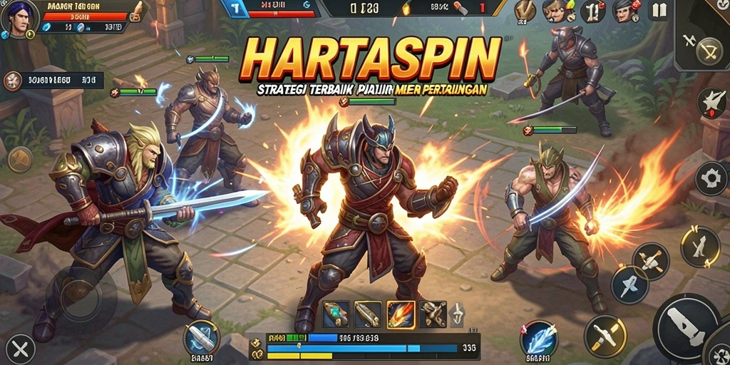 Screenshot gameplay HARTASPIN menampilkan strategi pertarungan yang mendebarkan.