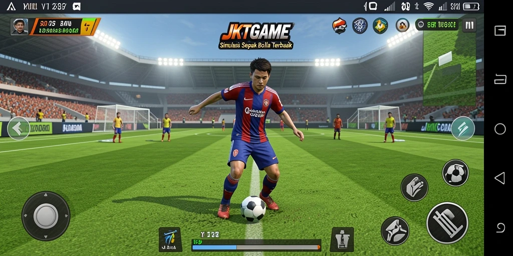 Gameplay JKTGAME yang seru dengan aksi sepak bola mendebarkan.