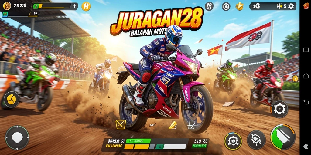 Tangkapan layar gameplay JURAGAN28 dengan aksi balapan motor yang mendebarkan.