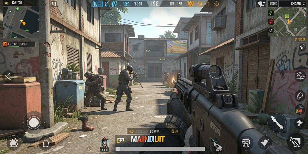 Tangkapan layar gameplay <strong>MAINDUIT</strong> menunjukkan aksi seru dalam pertempuran FPS.