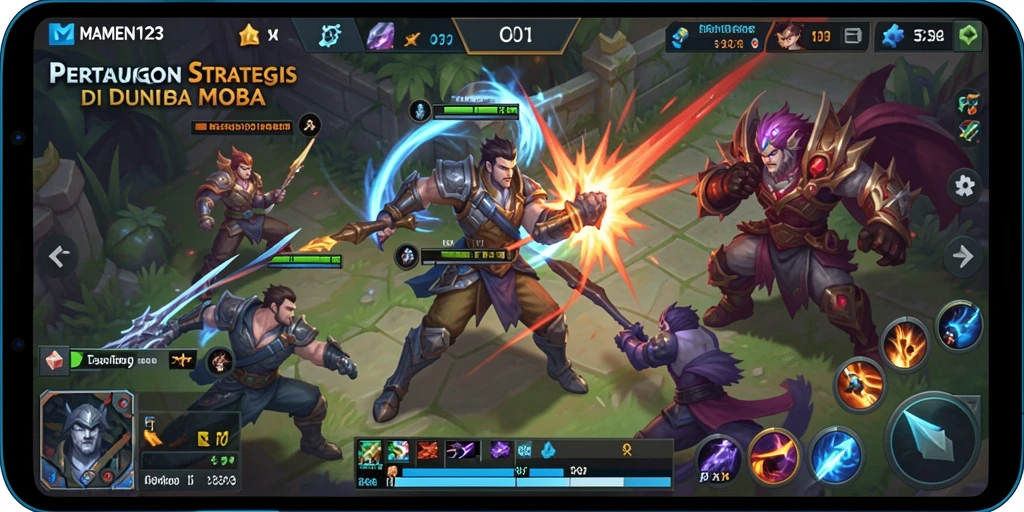 Screenshot gameplay MAMEN123 menunjukkan pertarungan intens di arena.