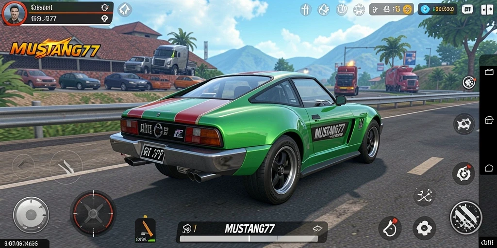 Screenshot gameplay MUSTANG77 menampilkan pengalaman mengemudi yang mendebarkan.