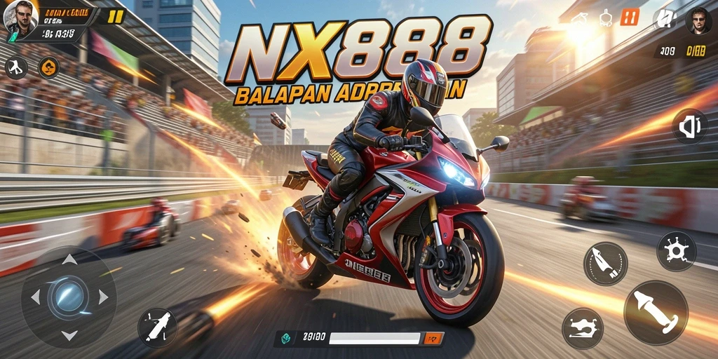 Tangkapan layar NX888 menampilkan balapan motor yang penuh aksi di trek menantang.