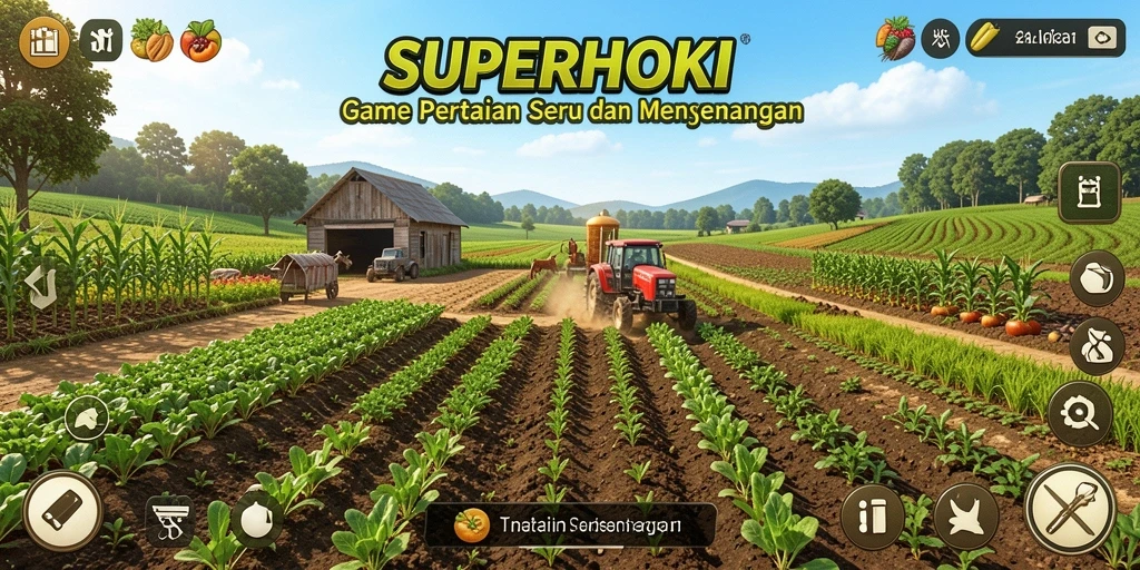 Tampilan gameplay SUPERHOKI yang menakjubkan dengan ladang subur.