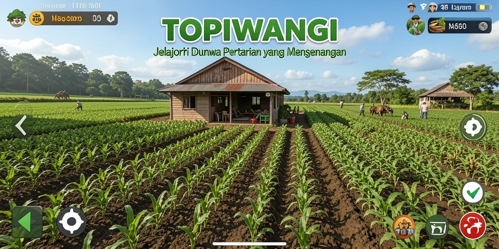 Tampilan gameplay menarik dari TOPIWANGI dengan ladang subur dan tanaman yang beragam.